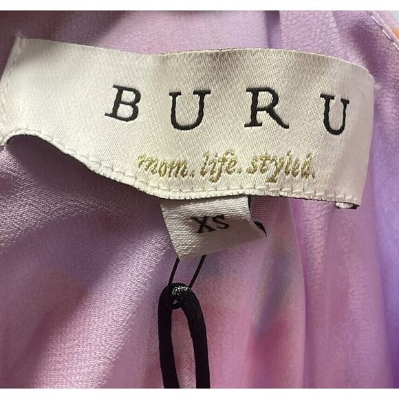 BURU Lavender Floral Print MIDI Peplum Dress Metallic Trim Size XS Front To Back - Picture 6 of 7